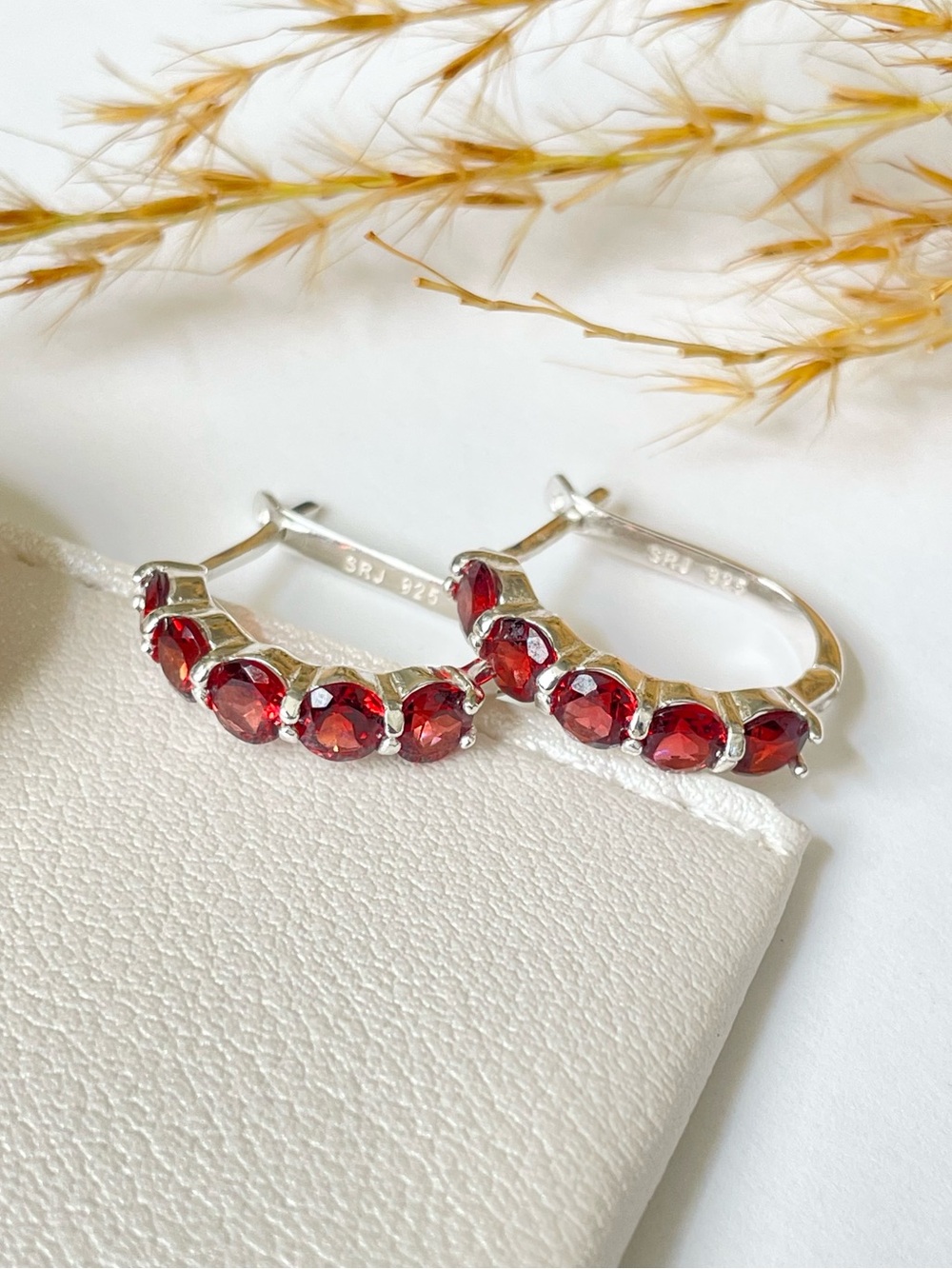 Natural Garnet 925 Sterling Silver Hoop Earrings, Gift her,  January Birthstone